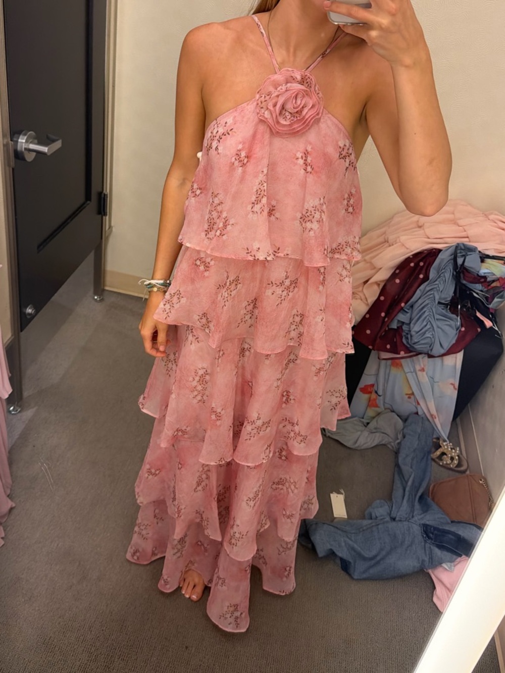 Pink Floral Tiered Halter Maxi Dress
